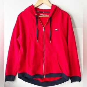Tommy Hilfiger Sport Red Zip Up Sweatshirt Hoodie with Curved Hem Women's Large